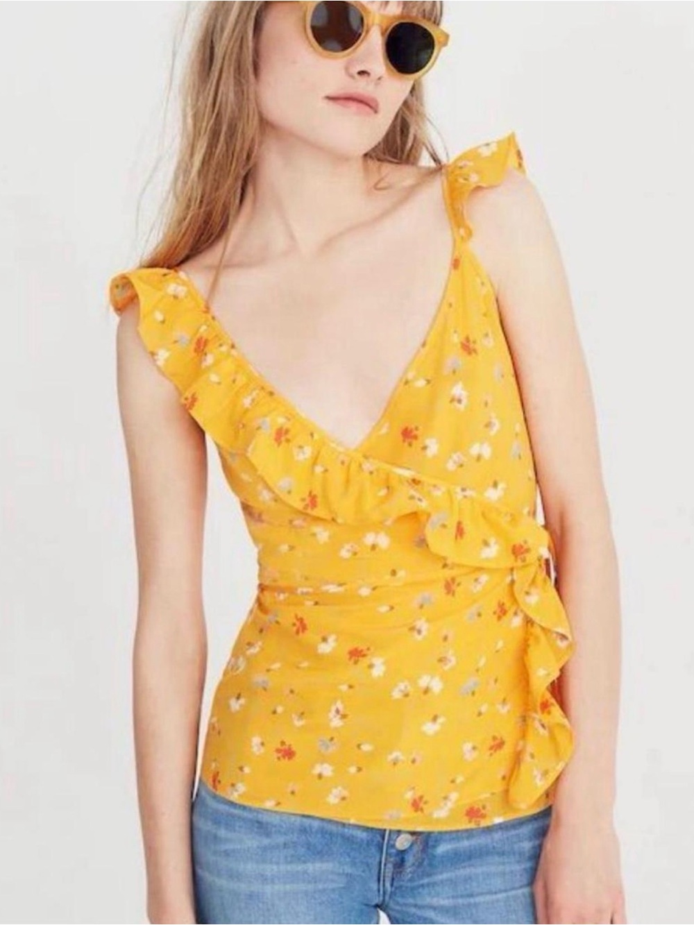 Madewell Embroidered Island Yellow Floral Ruffle Wrap Camisole Size 6
